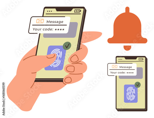User holding smartphone with fingerprint verification, security code notification, and alert icon. Ideal for security, mobile app, authentication, technology, alerts, notifications safe access