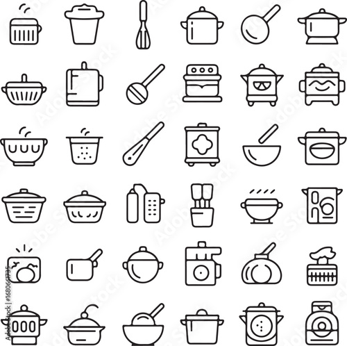 Extensive collection of 40 line art icons for kitchenware and cooking cookware utensils