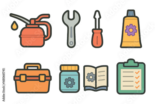 Colorful Machine Tools Icons. Flat vector mini-illustrations Machine maintenance tools in colors children's
