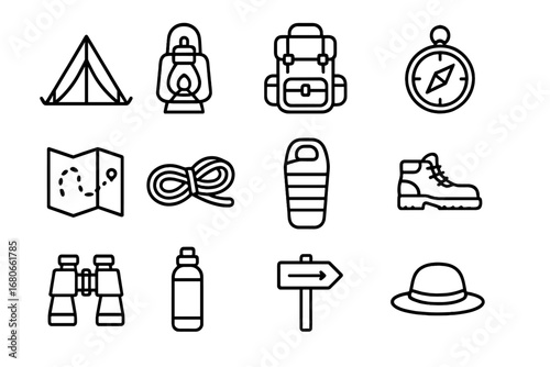 Forest Adventure Icons. Outline icon set of forest adventure gear: tent, lantern, backpack, compass, map, rope