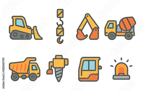 Children's Construction Icons. Flat vector mini-illustrations Heavy equipment operations in colors children's