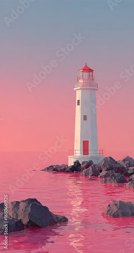 Wallpaper Mural Pink sunset over calm sea, solitary lighthouse on rocks Torontodigital.ca