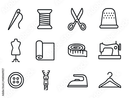 Sewing Icons Collection. Outline icon set of sewing and tailoring training: needle, thread spool, scissors,