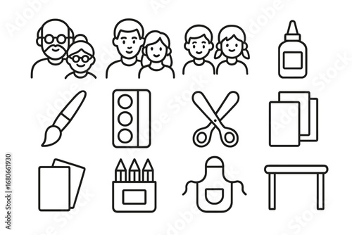 Family Arts Icon Set. Outline icon set of indoor family arts and crafts: grandparents, parents, children,