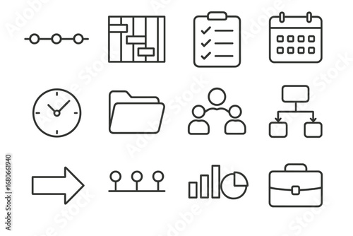 Project Management Icons Set. Outline icon set of project management strategy: timeline, gantt chart,