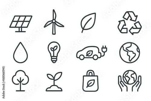 Green Skills Icon Set. Outline icon set of green skills workshops: solar panel, wind turbine, leaf, recycle