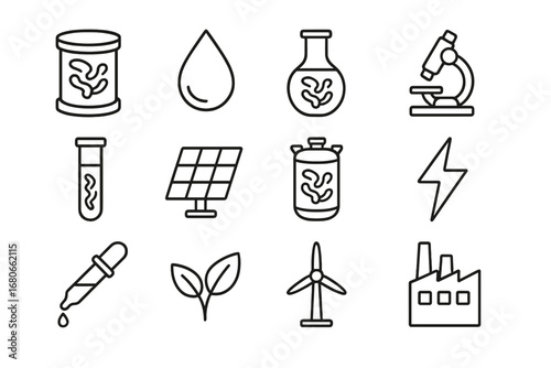 Algae Biofuel Icons. Outline icon set of algae biofuel: algae tank, droplet, flask, microscope, test tube,