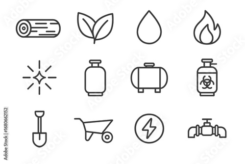 Renewable Fuel Icons. Outline icon set of renewable organic fuels: wood log, leaves, droplet, combustion flame
