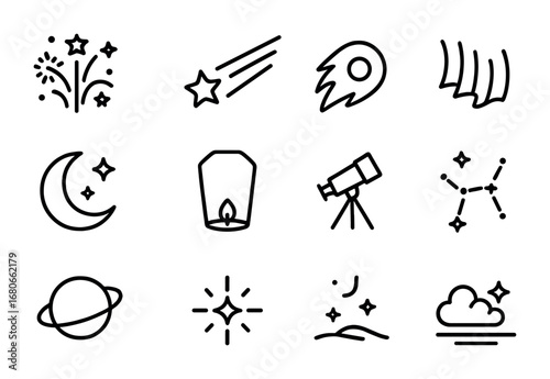 Night Sky Icons. Outline icon set of night sky lights: fireworks, shooting star, comet, aurora, crescent moon,