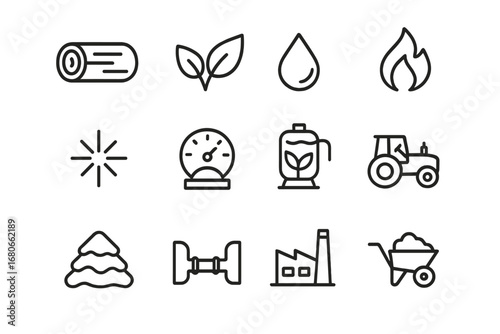 Sustainable Biomass Icons. Outline icon set of sustainable biomass: wood log, leaves, droplet, combustion