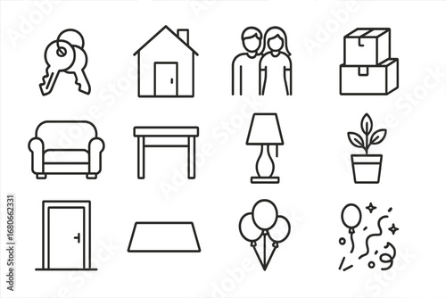 First Home Essentials. Outline icon set of first home excitement: keys, house, couple, moving boxes, couch,