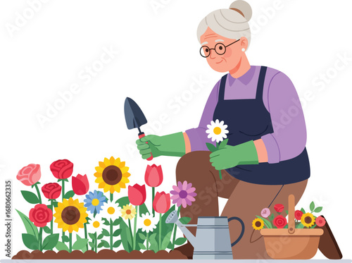 Elderly Woman Enjoying Her Hobby of Planting and Gardening.