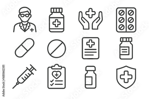 Pharmaceutical Care Icons. Outline icon set of pharmaceutical care: pharmacist, medicine, hands, blister pack,