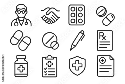 Medical Icons Grid. Outline icon set of doctor’s prescription: doctor, hands, blister pack, pills, capsule,