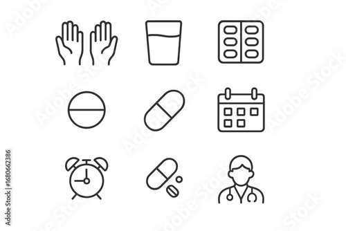 Medicine Responsibility Icons. Outline icon set of taking medicine responsibly: hands, water glass, blister