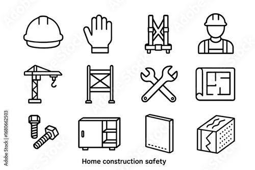 Construction Safety Icons. Outline icon set of home construction safety: helmet, gloves, safety harness,