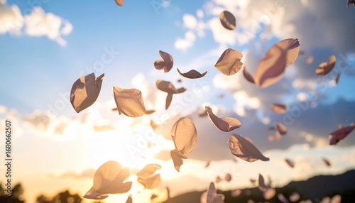 Floating petals dance against a vibrant sunset backdrop offering serene visual appeal