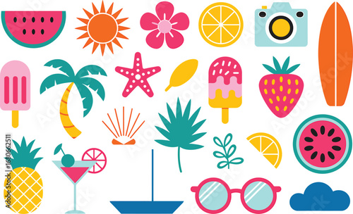 Vibrant summer vacation flat design graphic collection, tropical beach elements for cheerful holiday leisure, featuring playful icons. Bright, sunny enjoyment illustration.
