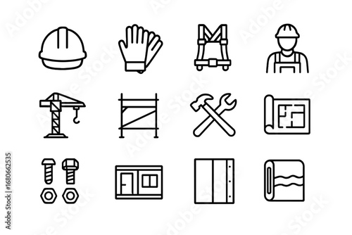 Construction Safety Icons. Outline icon set of home construction safety: helmet, gloves, safety harness,