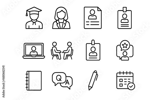 Internship Prep Icons. Outline icon set of internship preparation events: student, recruiter, resume, laptop,