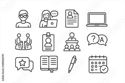 Internship Prep Icons. Outline icon set of internship preparation events: student, recruiter, resume, laptop,