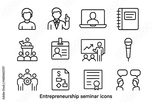 Entrepreneurship Icon Set. Outline icon set of entrepreneurship seminars: student, mentor, laptop, notebook,