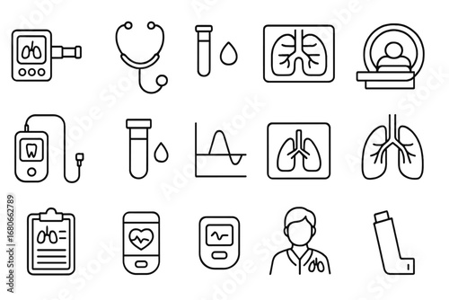 Pulmonary Diagnostics Icons. Outline icon set of pulmonary diagnostics: spirometer, stethoscope, chest X-ray,