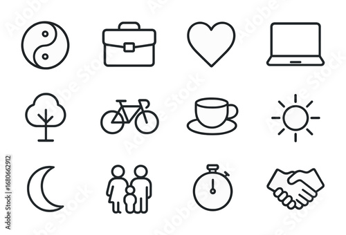 Work-Life Balance Icons. Outline icon set of work-life balance: yin yang, briefcase, heart, laptop, tree,