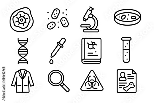 Pathogen Discovery Icons. Outline icon set of Pathogen discovery in ancient remains: fossilized virus,