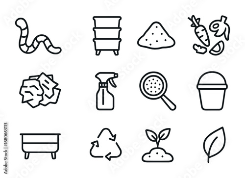 Vermicomposting Icon Set. Outline icon set of vermicomposting: worm, worm bin, soil, vegetable scraps, paper
