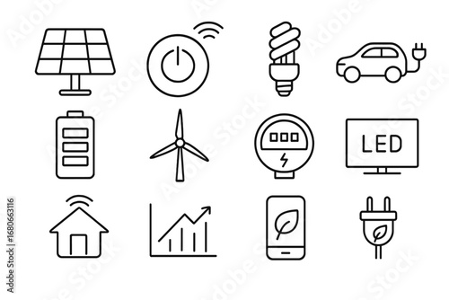 Smart Green Tech Icons. Outline icon set of Smart Green Technology: solar panel, smart thermostat,