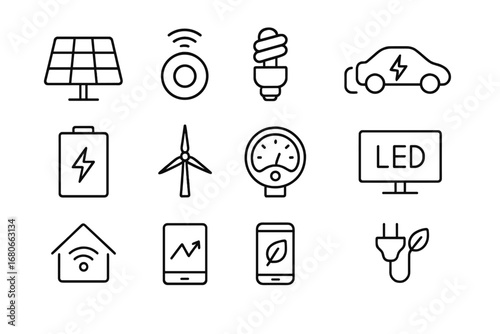 Smart Green Tech Icons. Outline icon set of Smart Green Technology: solar panel, smart thermostat,