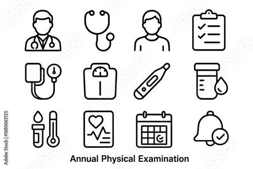 Annual Exam Icons. Outline icon set of Annual Physical Examination: doctor, stethoscope, patient, clipboard,