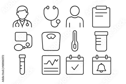 Annual Exam Icons. Outline icon set of Annual Physical Examination: doctor, stethoscope, patient, clipboard,