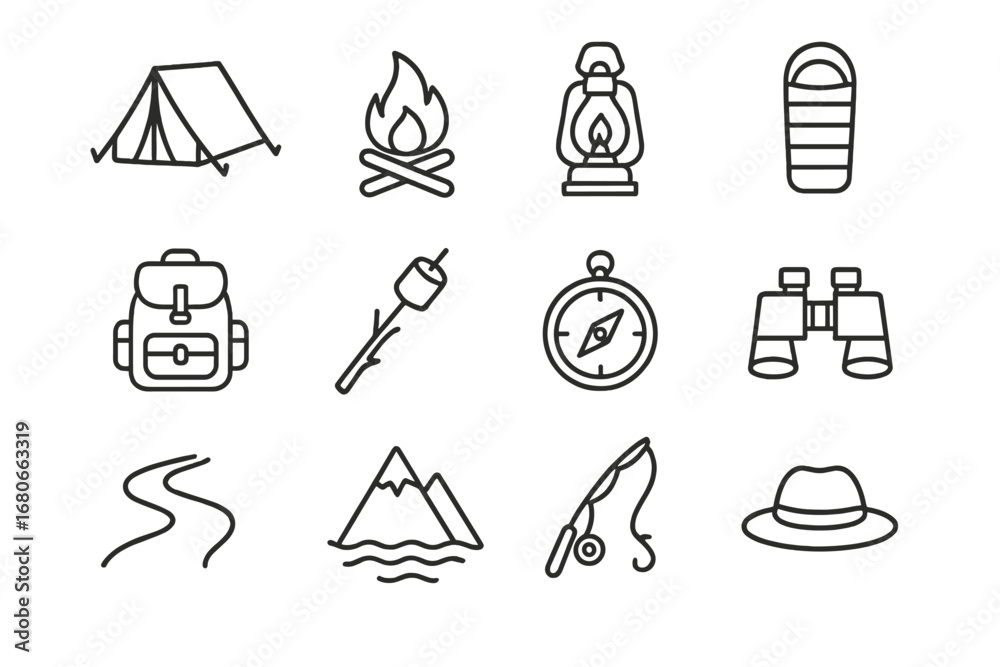 Fototapeta premium Camping Adventure Icons. Outline icon set of Family Camping Adventures: tent, campfire, lantern, sleeping bag,
