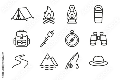 Camping Adventure Icons. Outline icon set of Family Camping Adventures: tent, campfire, lantern, sleeping bag,