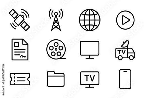 TV Distribution Icons. Outline icon set of TV show distribution: satellite, TV tower, globe, play button,