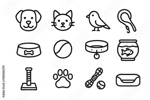 Family Pet Icons. Outline icon set of Family Pet Moments: dog, cat, bird, leash, bowl, ball, collar, fish bowl