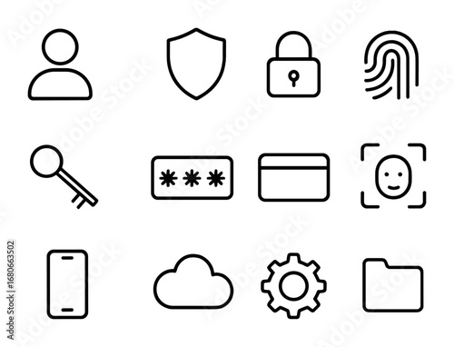 Identity Management Icons. Outline icon set of identity and access management: user icon, shield, lock,