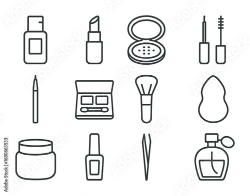 Beauty Products Icons. Outline icon set of beauty products for TV: foundation, lipstick, powder compact,