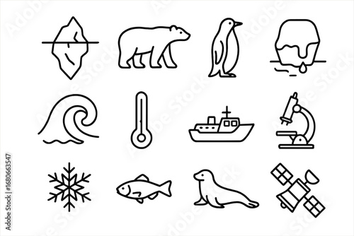 Ocean and Ice Icons. Outline icon set of Ocean and Ice Studies: iceberg, polar bear, penguin, melting glacier,