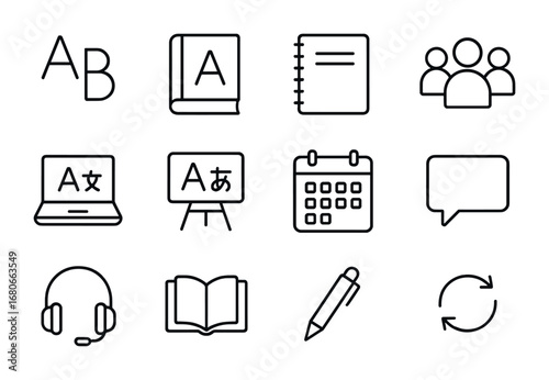 Language Study Icons. Outline icon set of language study groups: alphabet, dictionary, notebook, student group