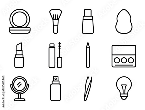 HD-Ready Makeup Icons. Outline icon set of HD-ready makeup: powder compact, brush, foundation, sponge,
