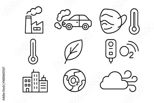 Air Quality Icons. Outline icon set of Air Quality and Pollution: factory, smoke, car exhaust, mask,