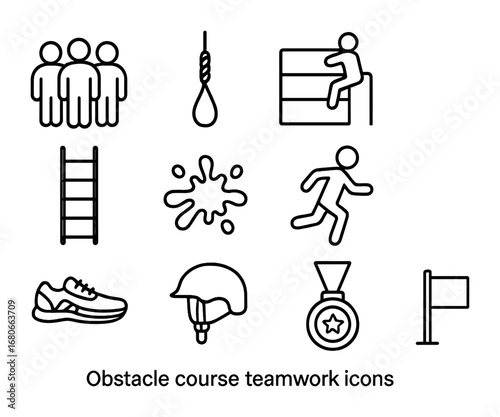 Obstacle Course Icons. Outline icon set of obstacle course teamwork: group of people, rope, wall, ladder, mud