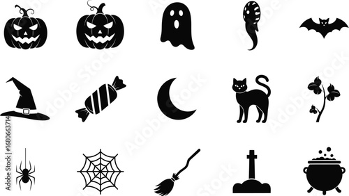 Collection of halloween silhouette icons for spooky designs and decorations for the holiday season