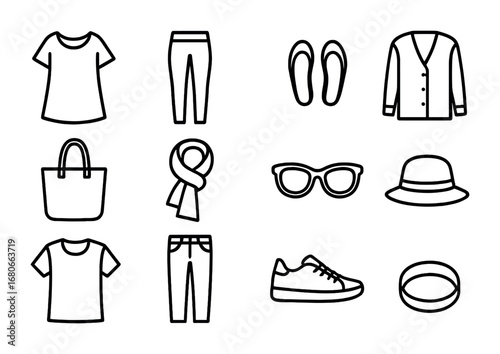 Casual Chic Icons. Outline icon set of casual chic for home: tunic, leggings, flats, cardigan, tote bag, scarf