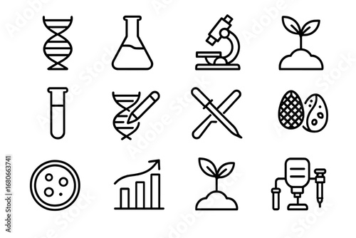 Genetic Crop Icons. Outline icon set of Genetically improved crops: DNA helix, lab flask, microscope, seedling
