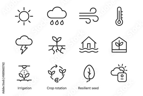 Climate Adaptation Icons. Outline icon set of Climate adaptation strategies: sun, rain cloud, wind,