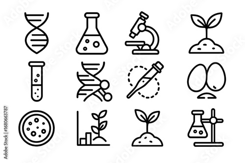 Genetic Crop Icons. Outline icon set of Genetically improved crops: DNA helix, lab flask, microscope, seedling